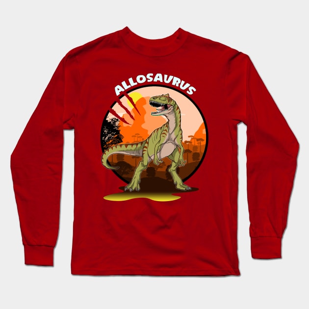 Allosaurus Dinosaur Design With Background Long Sleeve T-Shirt by Terra Fossil Merch